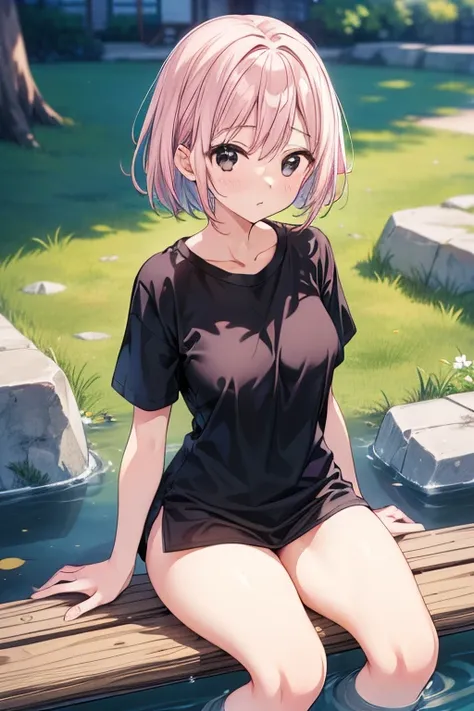  1girl , pink hair,(Alone:2.0),Greatest Masterpiece,TOP QUALITY,Best Picture Quality,river about 140cm,(Sitting on the banks of the:1.4),cute,full body,( spats:1.3),(I'm about  :1.4), black eyes,During a jogging break, middle hair,(plain white t-shirt:1.3)...