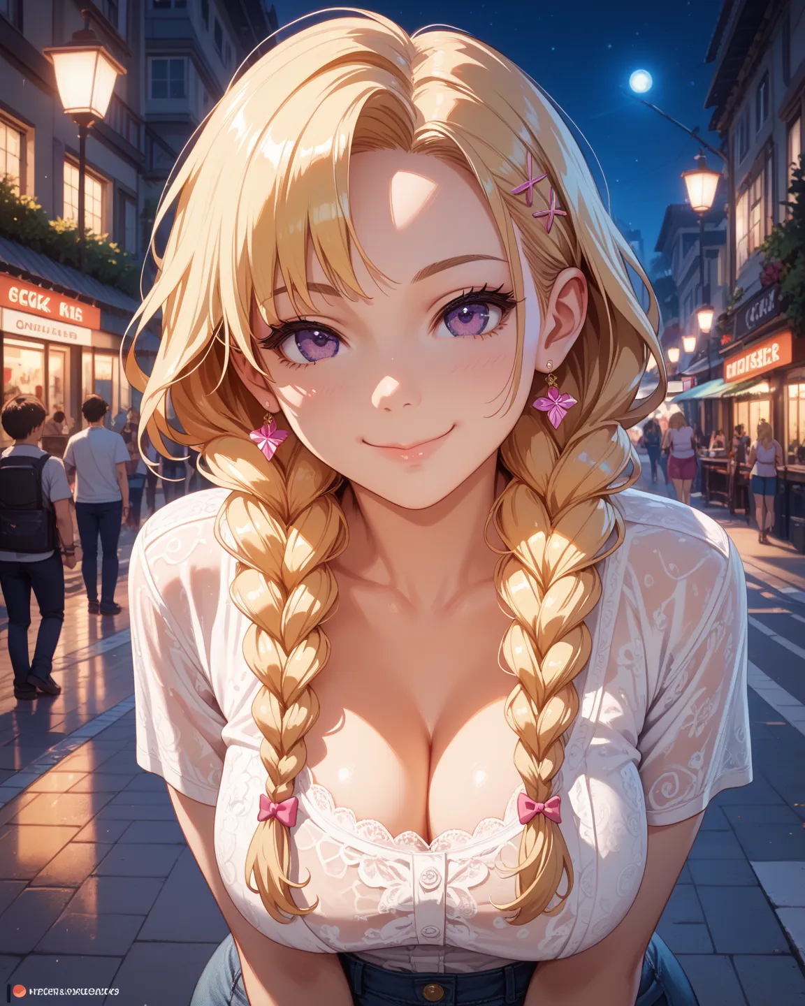 High Resolution, Masterpiece, Focus, detail, 8K, best quality, 1girl, solo, blonde hair, braids, purple eyes, beautiful, hot, perfect body, breasts, geek, nerd, looking at the viewer, Cinematic, Anime style, chiclets, horny, on the street, night, confident...