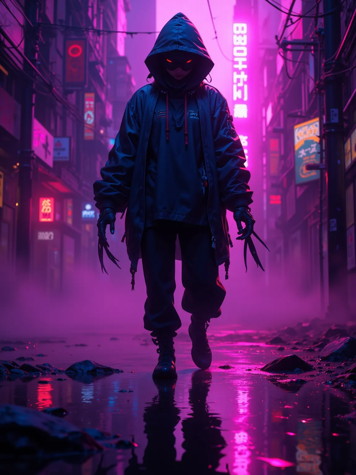 Amidst neon fog，A hooded woman floats in a mysterious atmosphere，captures fascinating reflections in macro photography。Inspired by Chuck Jones and Hamish Blakely，This fascinating masterpiece showcases extreme detail and epic quality on ArtStation。