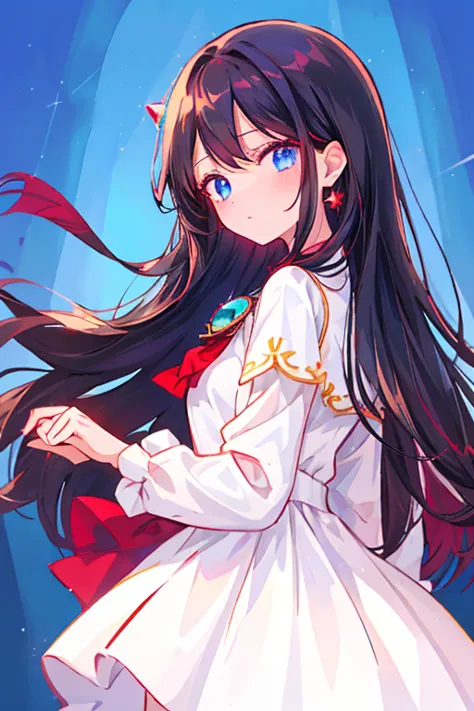 high quality, cute girl, solo, (long black hair:1,5), (maroon sheen in hair:1.1), shinny hair, (blue eyes:1.2), 14yo, (bright atmosphere:1.5), (white dress:1.1), (a brooch made of blue gemstones), from side, eye and hair color contrast, pray, got