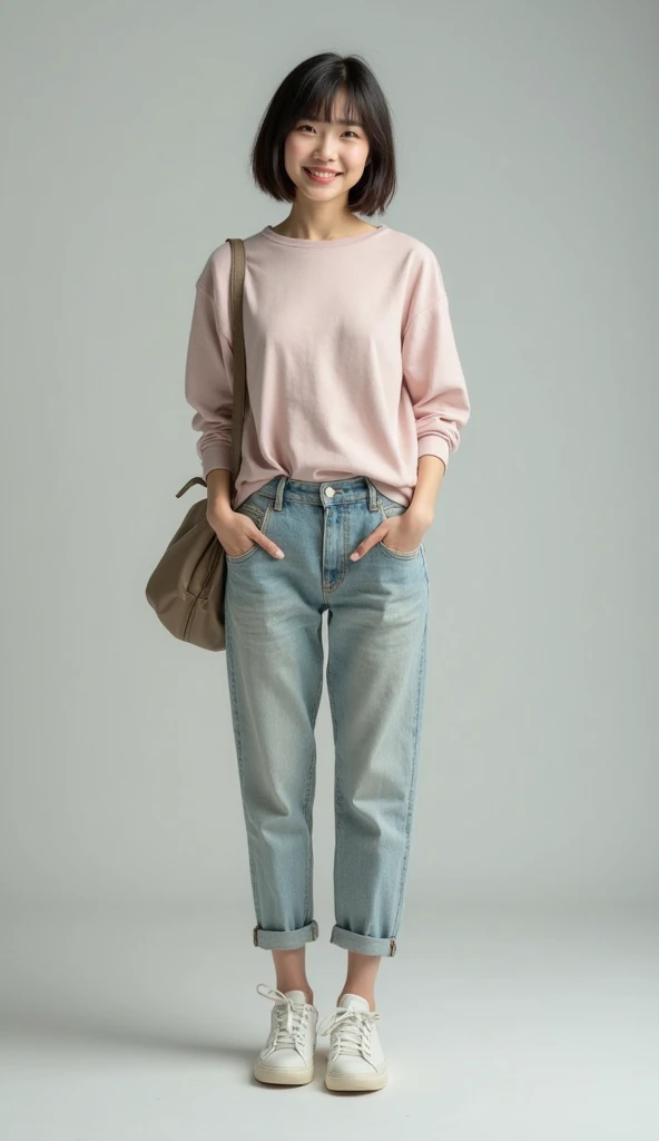 young japanese girl 19 years old,  short hair , stand up straight facing the camera,  smiles, casual clothes , Sneakers, location of the photo studio,  realistic photography 