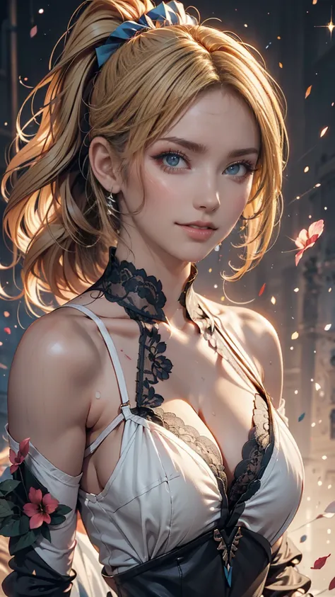 (TOP QUALITY,  masterpiece), 1 girl,  pose ,  particle, wind, flower,  upper body,  fantastic background around the face, viewers, (gradient blonde hair, short hair, ponytail:1.2), galaxy,  24-year-old White Woman 、 long eyelashes、 eyeshadow、 lip gloss、 bl...