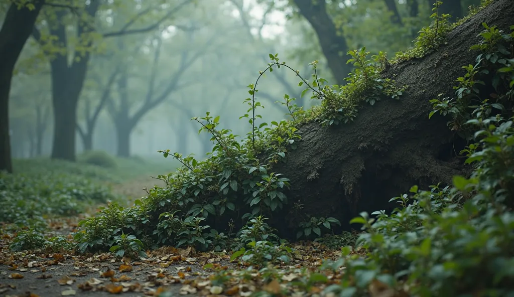 A tree falls its leaves and thickens shrubs in the blurry park. 