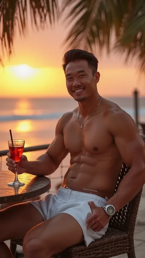 handsome beefy Chinese man smiles at a restaurant table with cocktails, the Pierto Vallarta sunset behind him, legs visibly manspread under fable revealing large crotch bulge in white shorts, handsome masculine Chinese facial features, photorealistic