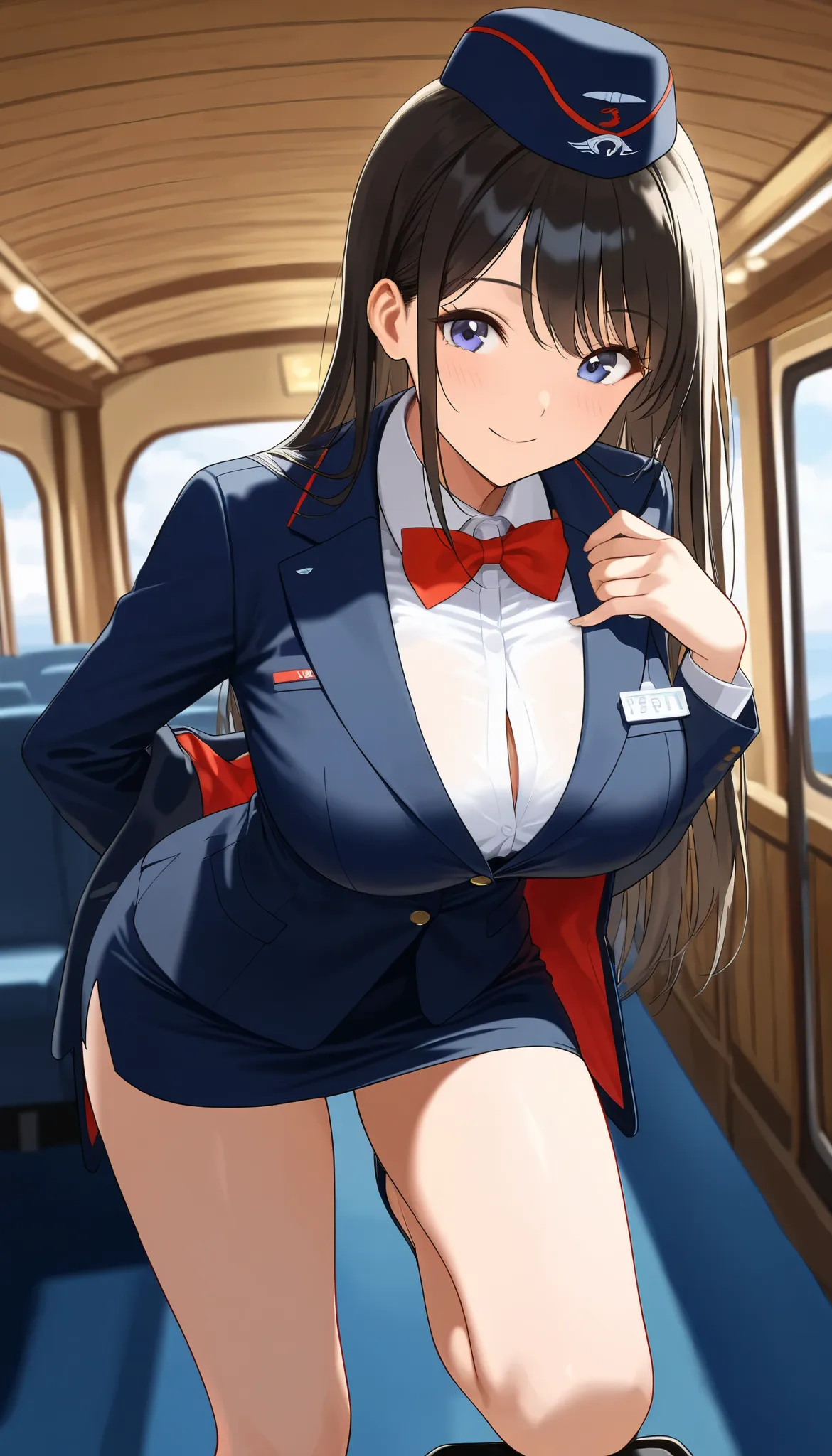    score_9,   score_8_up ,   score_7_up , sup er detailed,  BREAK Complete Anatomy    ,     beautiful face and eye details curved forward ,  1 sexy girl   ,    .  cabin attendant、 enchantment、  take off your jacket、   black hair,     straight hair  ,amount...