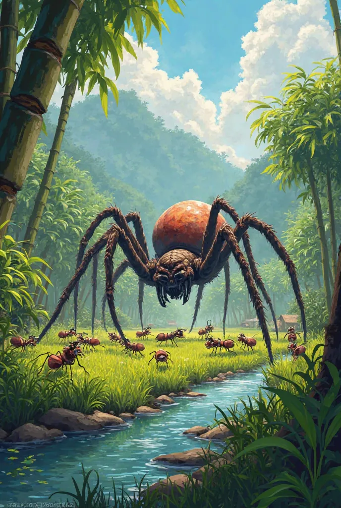 Battle Against the Spider:
"In the jungle near the vibrant village, Timmy and his ant friends confront a massive, menacing spider in a tense showdown. The lush rice fields and bamboo groves surround the area, with the calm river flowing nearby. The ants, w...