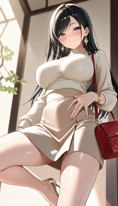 (best quality, masterpiece, ultra detailed, high resolution), Beautiful 8K CG artwork, Enriched photography, anatomically accurate body, depth of field,  1girl, elegant yet sexy girl, (long hair, black straight hair, swept bangs), 
round large breasts, bre...