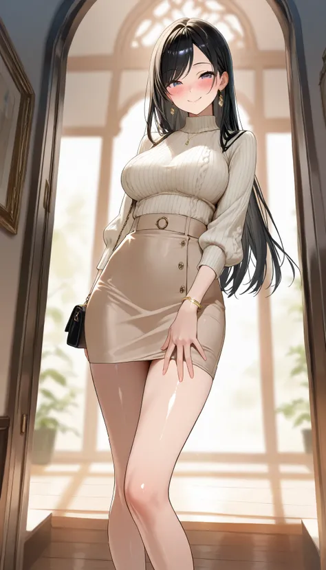 (best quality, masterpiece, ultra detailed, high resolution), Beautiful 8K CG artwork, Enriched photography, anatomically accurate body, depth of field,  1girl, elegant yet sexy girl, (long hair, black straight hair, swept bangs), 
round large breasts, bre...