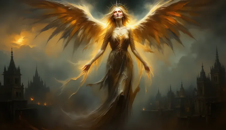 A breathtaking fantasy oil painting of a fallen angel now reborn as a vampire, descending through a veil of ethereal mist. Her golden hair flows like liquid sunlight, contrasting with her deep crimson eyes. Her broken halo glows faintly, surrounded by ghos...