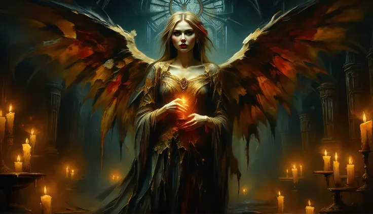 A surreal gothic illustration of a vampire angel standing in a candlelit hall with towering stained glass windows. Her golden hair is illuminated by flickering flames, her face serene yet hiding an unquenchable thirst. Her shattered halo hovers above, crac...