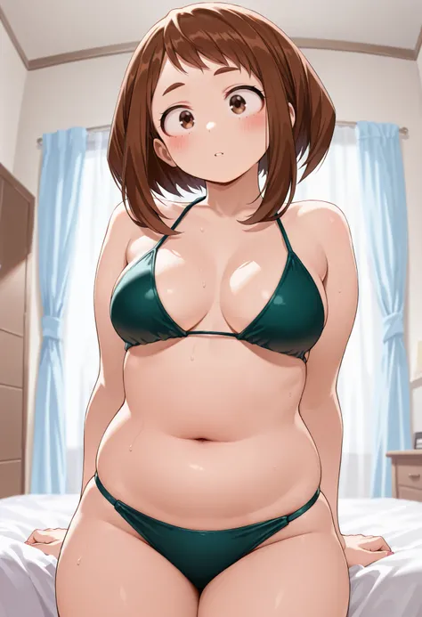 Masterpiece, 8k quality, extremely detailed, clear face, ochako uraraka, bedroom background, medium breasts, plump body, bikini