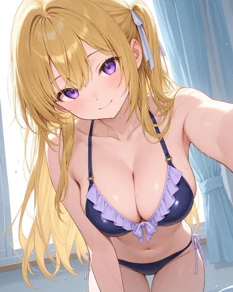  high school girl、 golden hair、 long hair、 purple eyes、 swimsuit