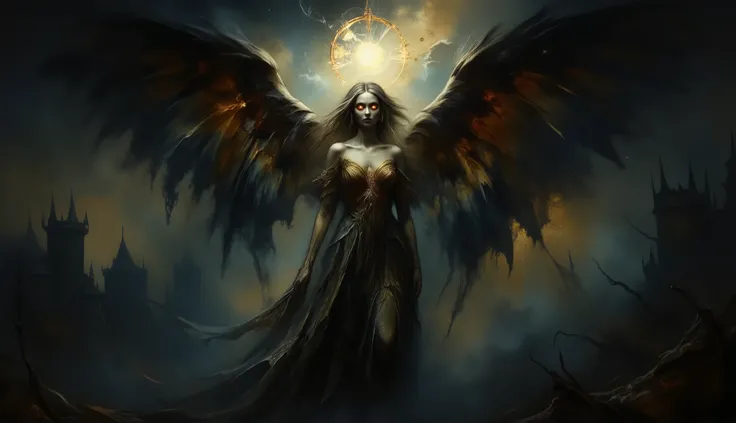 A cinematic dark fantasy artwork of a newly transformed vampire angel emerging from thick swirling black mist. Her golden hair cascades over her shoulders, framing a face of haunting beauty. A shattered halo hovers above her head, glowing faintly with a fa...