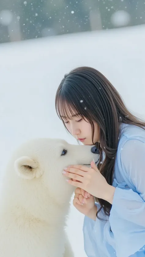 「A cute Japanese woman is playing with a white bear  in the Arctic in the snow。She is wearing a pale blue kimono、She is gently stroking a bear。Snow flies、 has a fantastic atmosphere 。」
