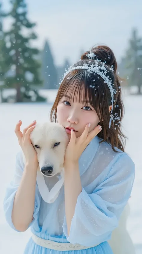 「A cute Japanese woman is playing with a white bear  in the Arctic in the snow。She is wearing a pale blue kimono、She is gently stroking a bear。Snow flies、 has a fantastic atmosphere 。」
