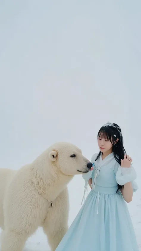 「A cute Japanese woman is playing with a white bear  in the Arctic in the snow。She is wearing a pale blue kimono、She is gently stroking a bear。Snow flies、 has a fantastic atmosphere 。」
