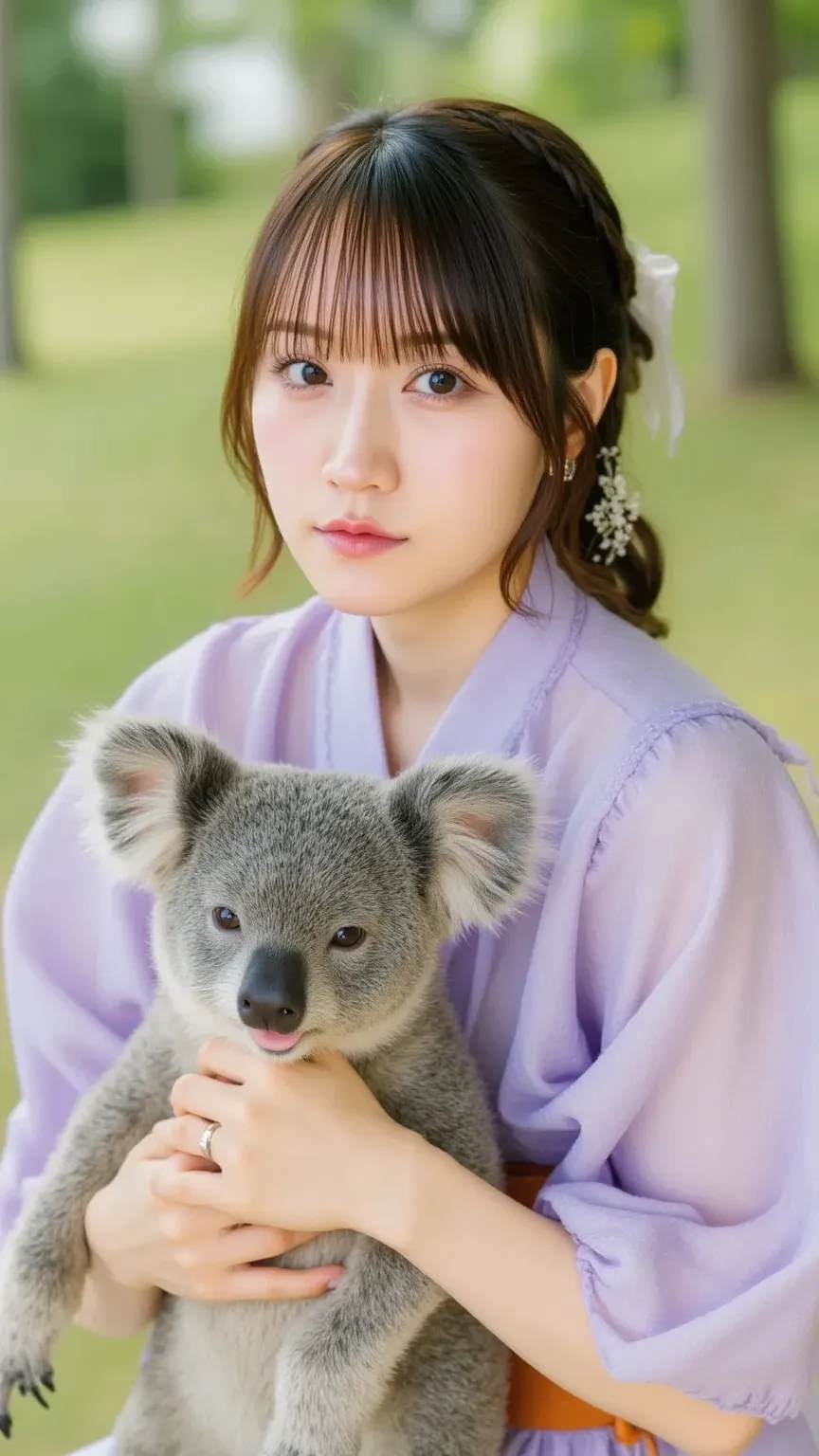  「Japanese woman wearing a soft lavender-colored yukata、I'm holding an Australian koala。 in the woods 、Gentle light penetrates、The way the koala is relaxing while holding an Australian koala is adorable。」
