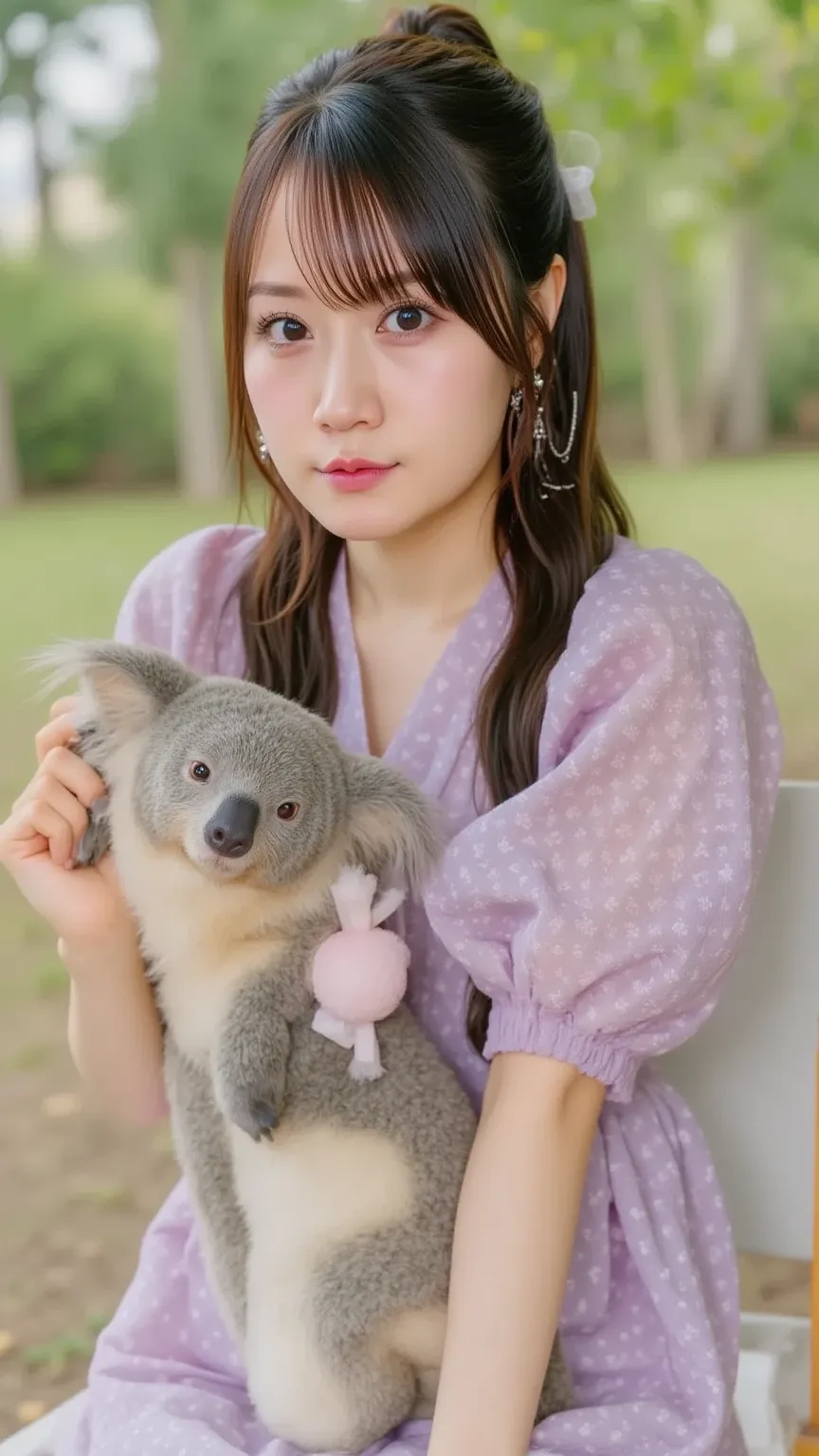  「Japanese woman wearing a soft lavender-colored yukata、I'm holding an Australian koala。 in the woods 、Gentle light penetrates、The way the koala is relaxing while holding an Australian koala is adorable。」
