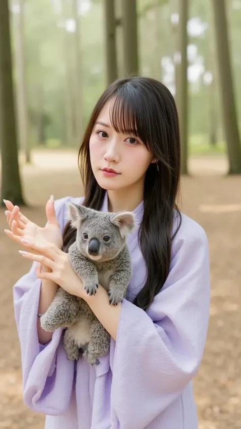  「Japanese woman wearing a soft lavender-colored yukata、I'm holding an Australian koala。 in the woods 、Gentle light penetrates、The way the koala is relaxing while holding an Australian koala is adorable。」
