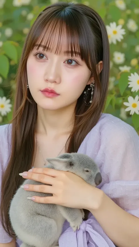  「Japanese woman wearing a soft lavender-colored yukata、I'm holding an Australian koala。 in the woods 、Gentle light penetrates、The way the koala is relaxing while holding an Australian koala is adorable。」
