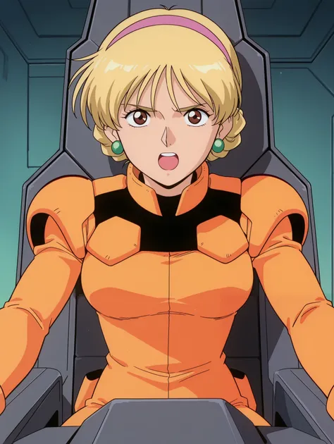 masterpiece, best quality, newest, absurdres, highres, detailed eyes, beautiful, detailed background, perfect eyes, anime coloring, anime screencap, 1990s \(style\), 1girl , Alone, KATEJINA'S STORY. blonde hair, short hair, single bun, french braid, pin...