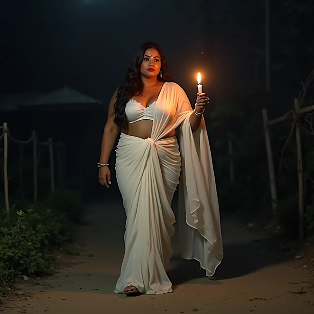 Indian extreme plus size BBW chubby fat busty dark skinned wide tall woman with dusty face with large breast and large extreme fat curvey figure and wide shoulder and long hair and wearing white deep neck tight fitting blouse with displaying big cleavage a...