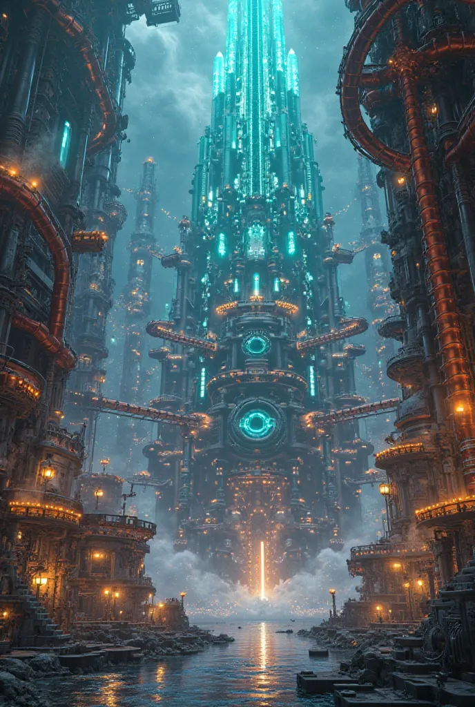 A futuristic Etherium power plant in an Etherpunk world, featuring glowing Etherium crystals, mechanical spires, and floating platforms. The architecture blends steampunk-inspired copper piping, glowing energy conduits, and mystical arcane symbols. Inside,...