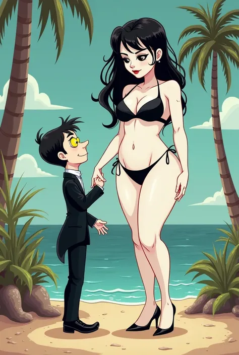 Create a 2D cartoon image where Jane the Killer and Doctor Gabriel are sweethearts but Gabriel shrunk and Jane grew up and now Jane starts playing with Gabriel's tiny body (Regarding her appearances, Jane has completely white pale skin, black hair, totally...