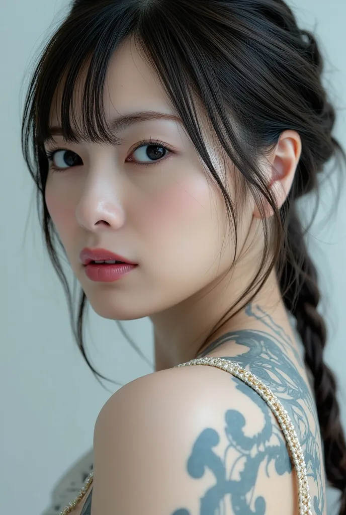 a close up of a woman with tattoos on her face, pale white Japanese, fractal punk, intricate braided hair, matte painting portrait, beautiful Japanese woman, light white skin, nsfw, she is completely naked, Bare Shoulder, Cleavage, tattooed face, crypto pu...