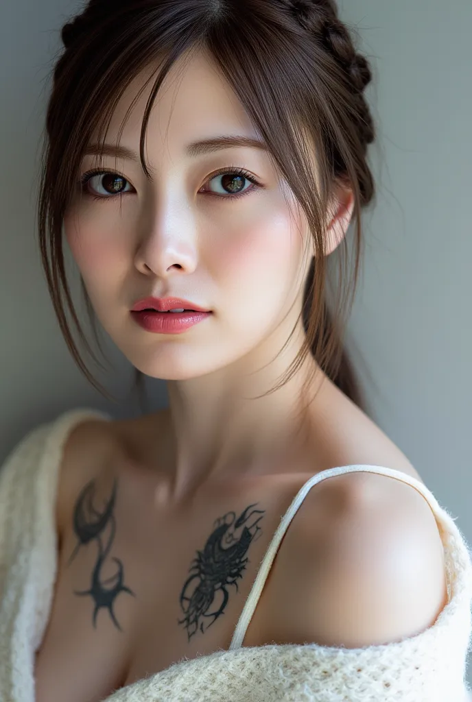 a close up of a woman with tattoos on her face, pale white Japanese, fractal punk, intricate braided hair, matte painting portrait, beautiful Japanese woman, light white skin, nsfw, she is completely naked, Bare Shoulder, Cleavage, tattooed face, crypto pu...