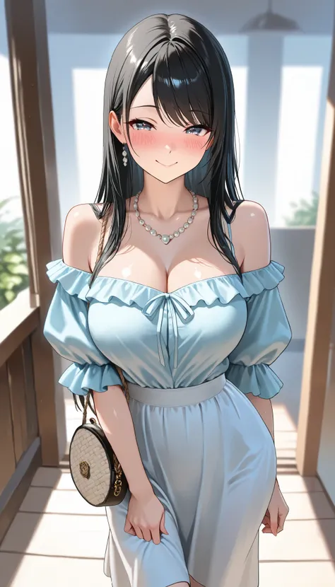 (best quality, masterpiece, ultra detailed, high resolution), Beautiful 8K CG artwork, Enriched photography, anatomically accurate body, depth of field,  1girl, elegant yet sexy girl, (long hair, black straight hair, swept bangs), 
round large breasts, bre...