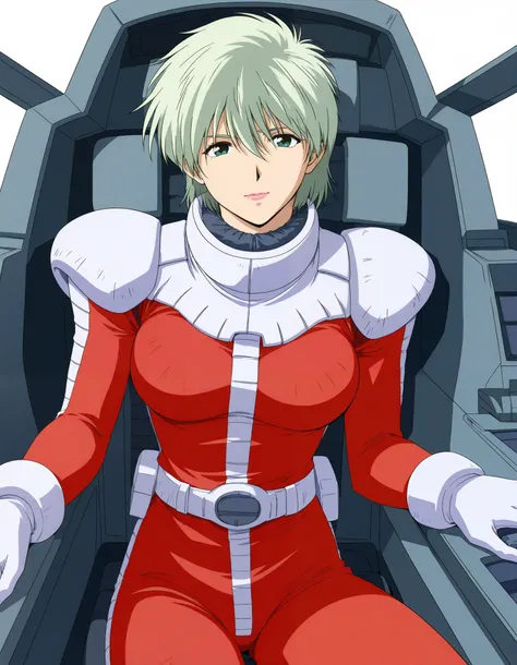 masterpiece, best quality, good quality,  1girl ,Alone,cowboy shot,standing,looking at viewer,(1990s \(style\):0.2), ainasahalim ,green hair,green eyes,short hair,lips,lipstick,large breasts,(smile:0.5),closed mouth,pilot suit, red suit、The background is c...