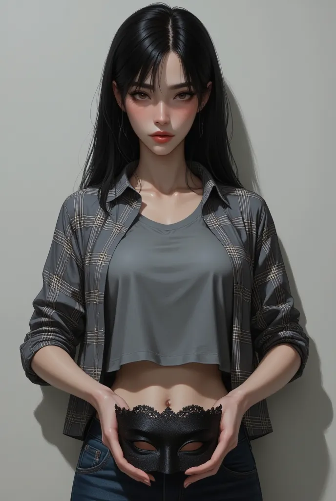 Japanese woman, 24 years old, straight black hair, brown eyes, full lips and square jaw, sharp and determined look, she wears a gray t-shirt with a checkered button-down shirt open on top, and a pair of jeans, she holds a black lace  mask in her hands.