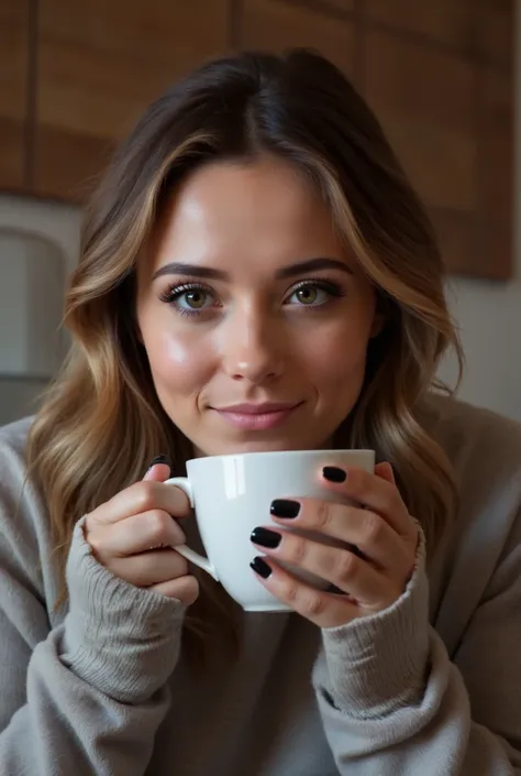 araffe woman sitting on a couch with a cup of coffee, wearing a hoodie and sweatpants, wearing a tracksuit, cozy vibes, relaxing on the couch, relaxing on a couch, "black nail polish"