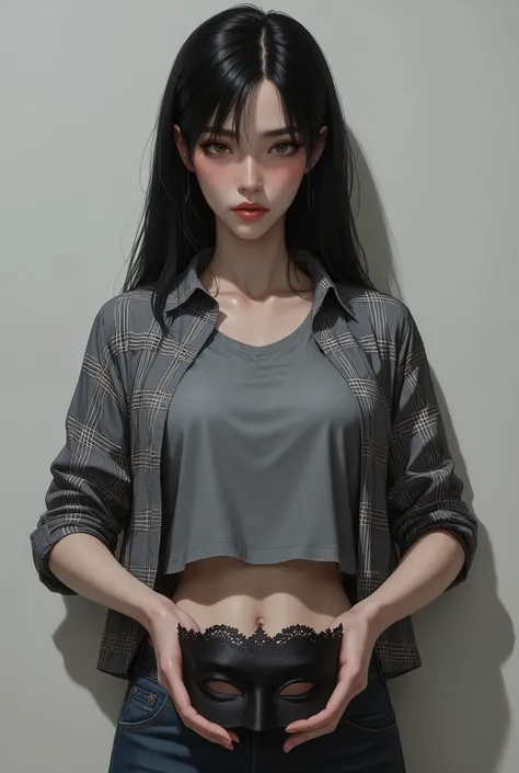 Japanese woman, 24 years old, straight black hair, brown eyes, full lips and square jaw, sharp and determined look, she wears a gray t-shirt with a checkered button-down shirt open on top, and a pair of jeans, she holds a black lace  mask in her hands.