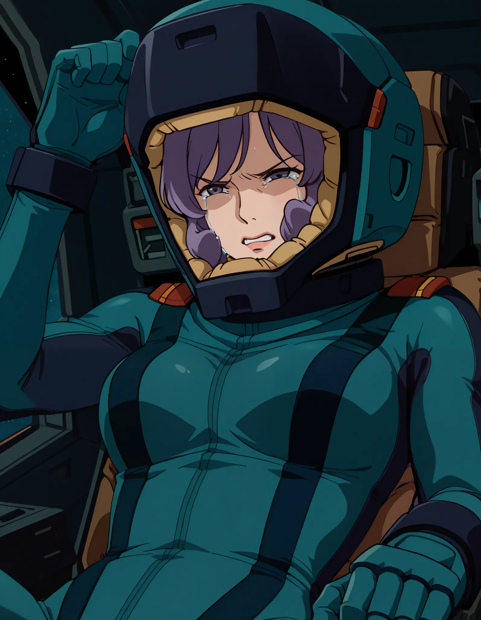 masterpiece, best quality,Rosamia Almond, purple hair,  1girl , 黒いpilotsuit, gauntlet, Alone、 is the cockpit in the background、 sits in the cockpit、 crying face