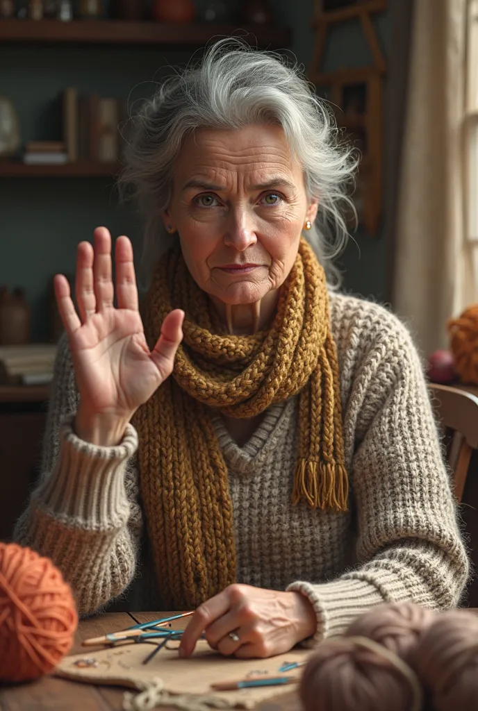 Realistic person with a gesture that implies “DON'T DO THIS” who is a woman and is dedicated to knitting 