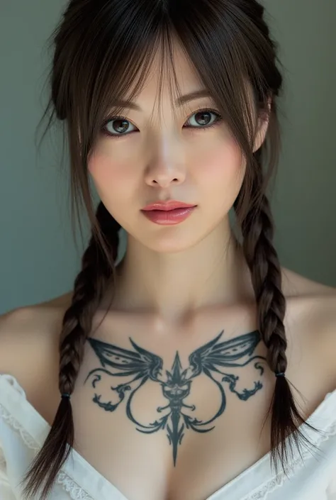 a close up of a woman with tattoos on her face, pale white Japanese, fractal punk, intricate braided hair, matte painting portrait, beautiful Japanese woman, light white skin, nsfw, she is completely naked, (Bare Shoulder, Cleavage), tattooed face, crypto ...