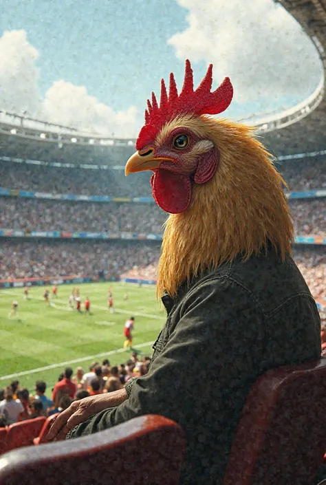 A picture of a person with a chicken head sitting in the stands of a stadium