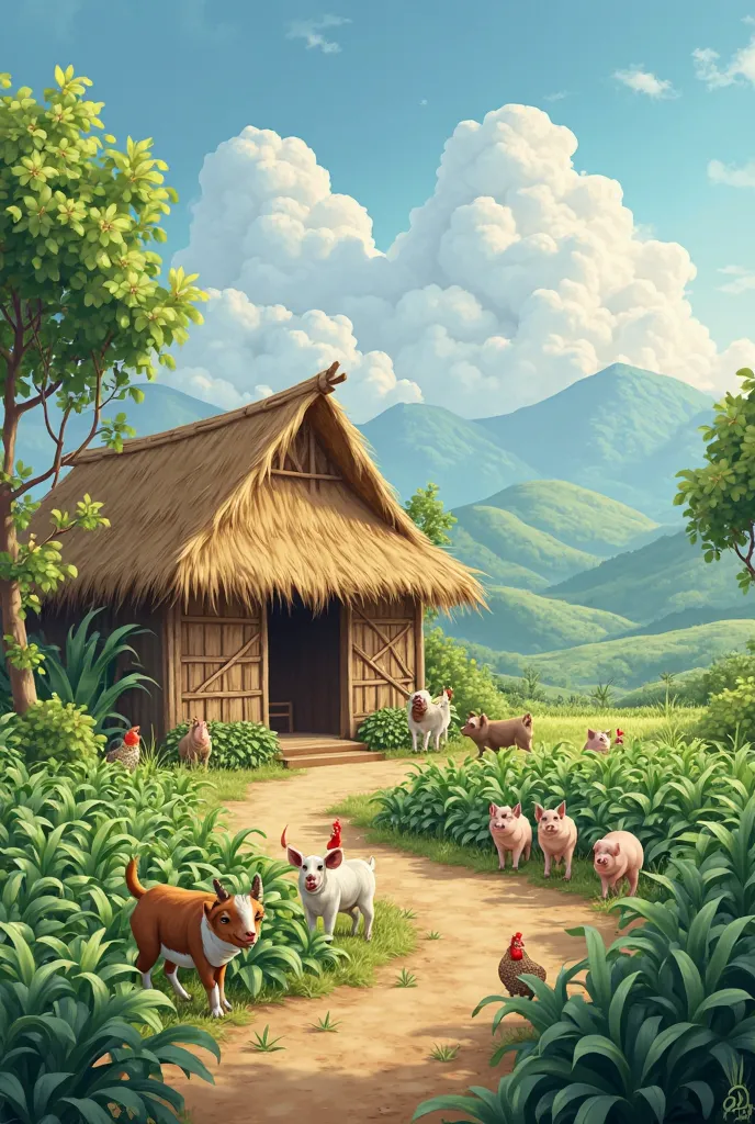 in the vegatable fields and nipa hut there are also animals such as goats,pigs and chickens