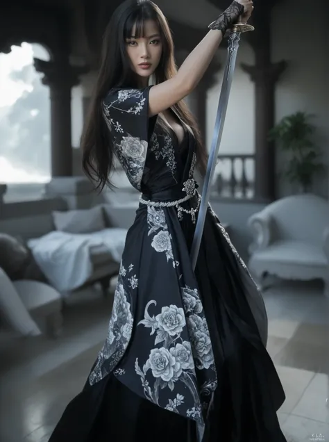 a close up of a woman in a black and white dress holding a sword, flowing magical robe, full body wuxia, fantasy style clothing, intricate fantasy dress, warrior dress, hanfu, classical witch robe, dragon-inspired cloth robes, fantasy dress, flowing dress,...