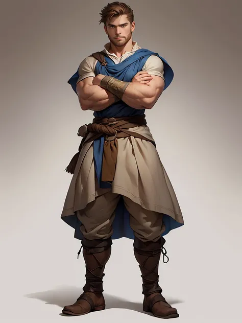 Portray a Gallic boy,  Brown-haired , blue-eyed and strong-willed, With strong arms , wearing a linen tunic, with a medieval feel tied around his waist,  room, Big bulge, with crossed arms, full body,  white background
