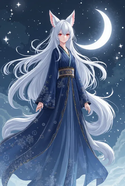 The nine-tailed fox that became a human，Guardian of the Moon，The background is dreamy in a magical style，Japanese style witch style，The color is silver and white + Dark Blue，2D animated comic style