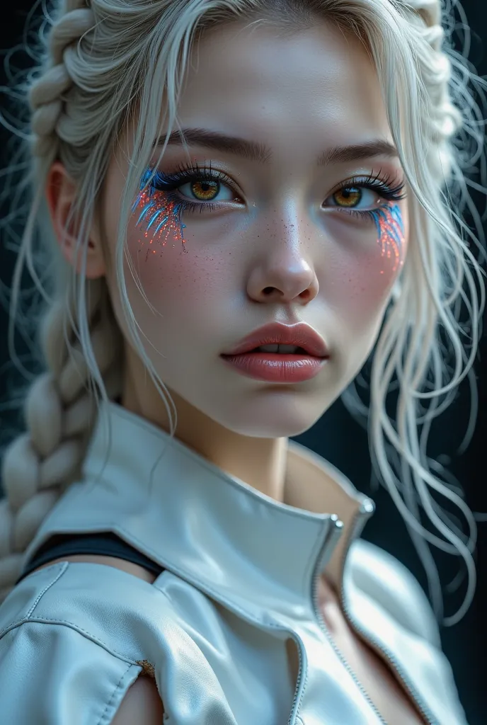  [Style: "Photorealistic, cinematic, cyberpunk"](Key Directive: "Ultra-sharp human eyes with biological accuracy"){ Character: "20-year-old Caucasian woman" | Face: - "symmetrical pale skin (subsurface scattering:1.3), full lips (vertical lip wrinkles:0.7)...