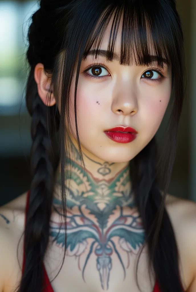 a close up of a woman with tattoos on her face, pale white Japanese, fractal punk, intricate braided hair, matte painting portrait, beautiful Japanese woman, light white skin, nsfw, (she is completely naked, Bare Shoulder, Cleavage), tattooed face, crypto ...