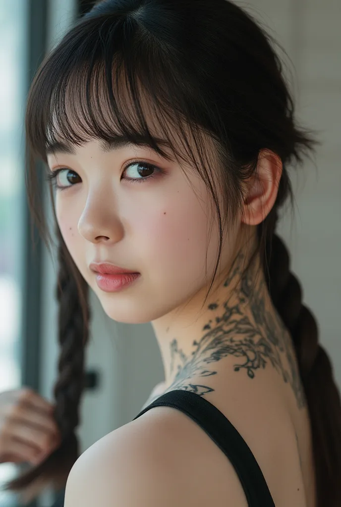 a close up of a woman with tattoos on her face, pale white Japanese, fractal punk, intricate braided hair, matte painting portrait, beautiful Japanese woman, light white skin, nsfw, (she is completely naked, Bare Shoulder, Cleavage), tattooed face, crypto ...