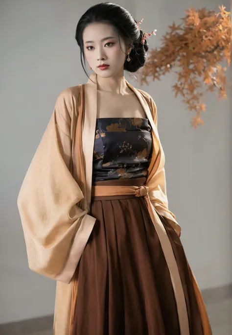 a woman in a brown dress and a brown jacket, hanfu, "sheer top", classic kimono, with acient chinese clothes, long beautiful flowing kimono, traditional chinese clothing, intricate geisha kimono, kimono, wearing ancient chinese clothes, japanese clothes, h...