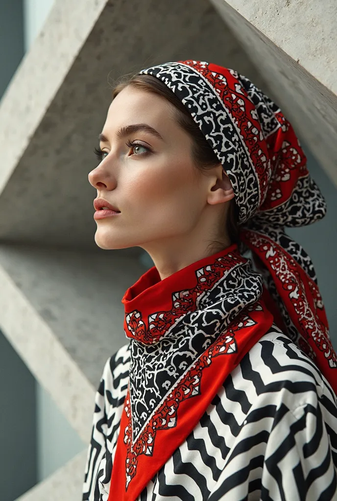 an exquisitely beautiful woman wearing a large, geometrically patterned bandana that clashes and yet harmonizes with a sharply angled, impossible architectural space surrounding her, inspired by the logical illusions of M.C. Escher. The bandana is stiff an...