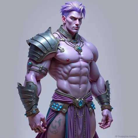 See full male body view of a extremely muscular 20 year old pale lavender skin tone young man, with a happy seductive expression on his face, a small cybernetic green tattoo on right leg only , smooth flawless unblemished skin, show head to toe, D@D male p...