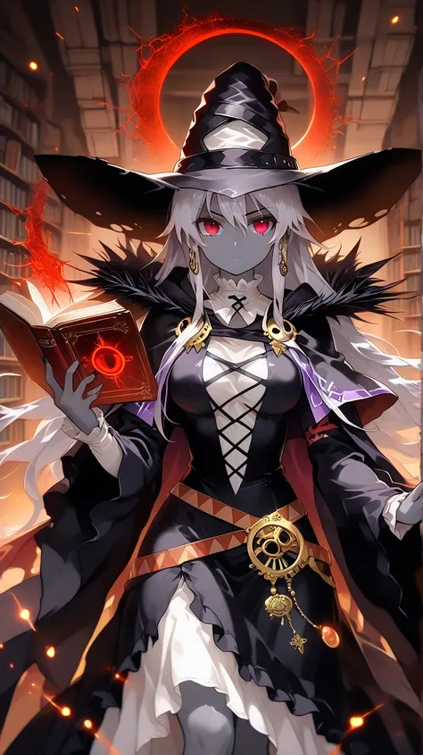 An HD scene of a female drow with dark-gray skin, sorcerer, with long white flowing hair and red eyes, wearing a black dress and robe with red details, holding an old book, surrounded by sparks of dark magic and floating old books, epic anime art style, hi...